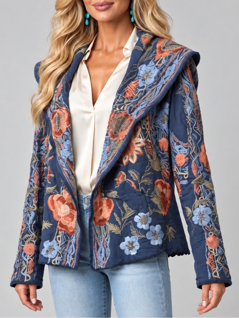 Johnny Was metallic thread Syelles Embroidered
Hoodie Jacket Indigo NWT RARE